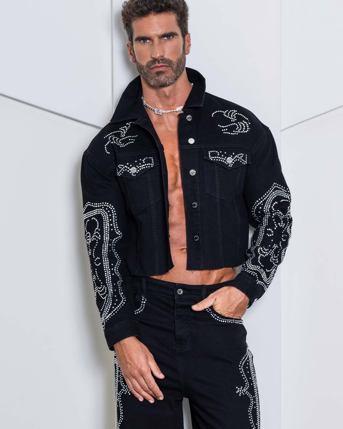 Jace Denim Rhinestone Jacket in Black | ORTTU