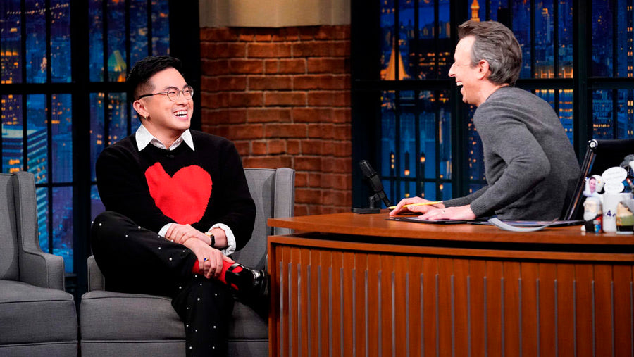 Bowen Yang wearing black ORTTU Brunello Pearls Pants on Late Night With Seth Meyers