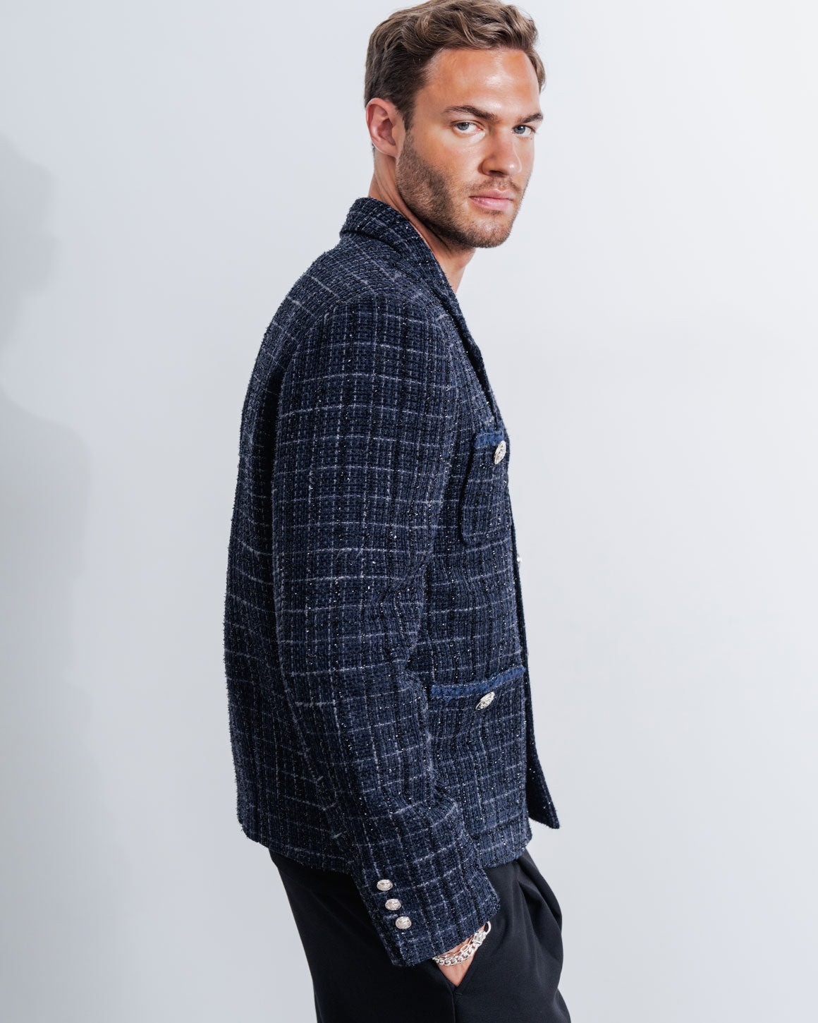 ゆ　blue check tweed jacket Gargee Designer's BLUE CHECK TWEED BLAZER