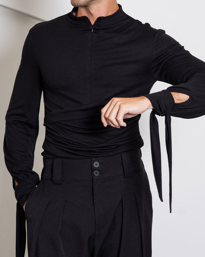 Dante Top in black, front detail with tie cuff