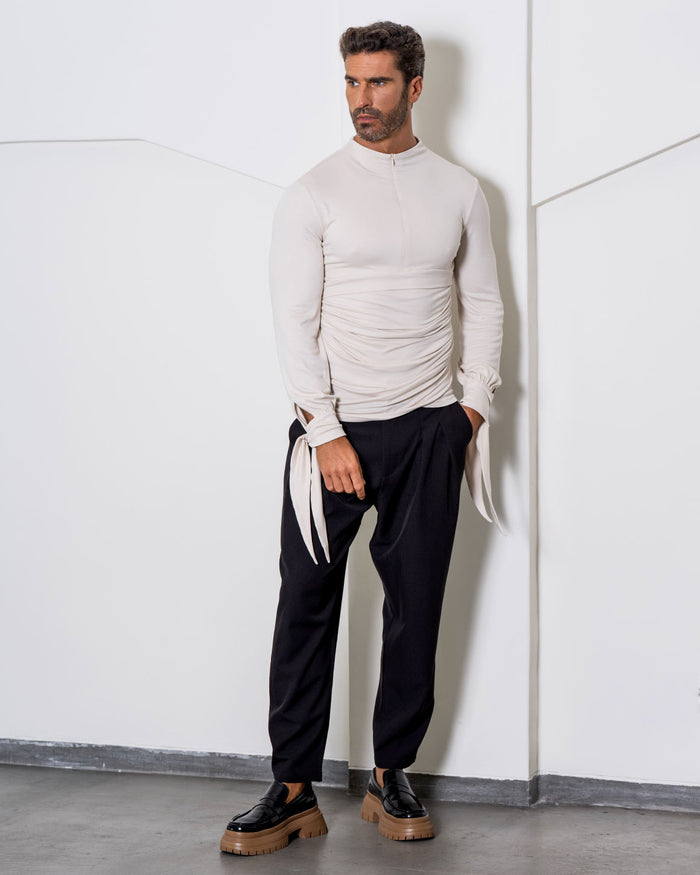 Dante Top in taupe, full-length front